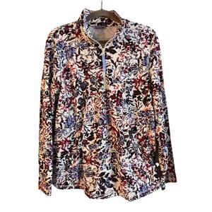 T by Talbots Women’s French Terry Half Zip Pullover Watercolor Garden Large NWOT